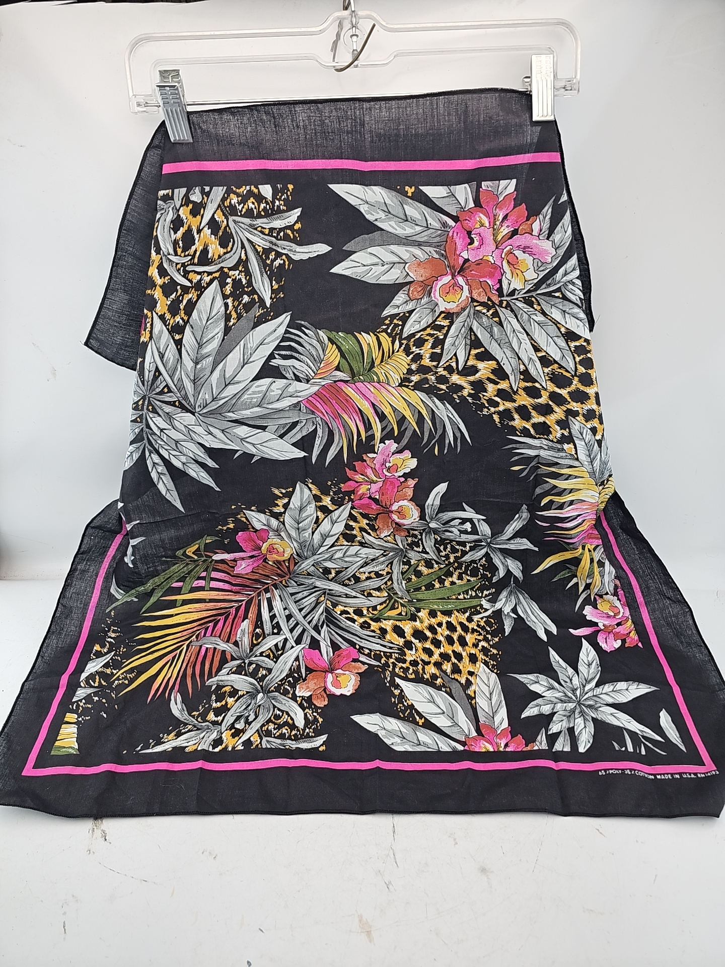 Floral & Leopard Print Lightweight Black Beach Wrap With Pink Trim